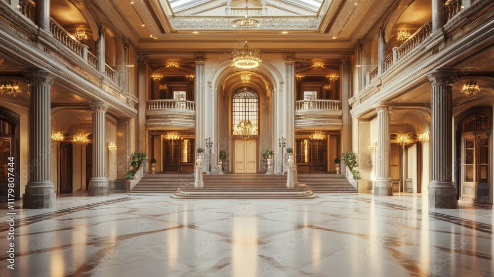 Fototapeta premium Opulent Grand Hall with Majestic Architecture and Glistening Marble Floors