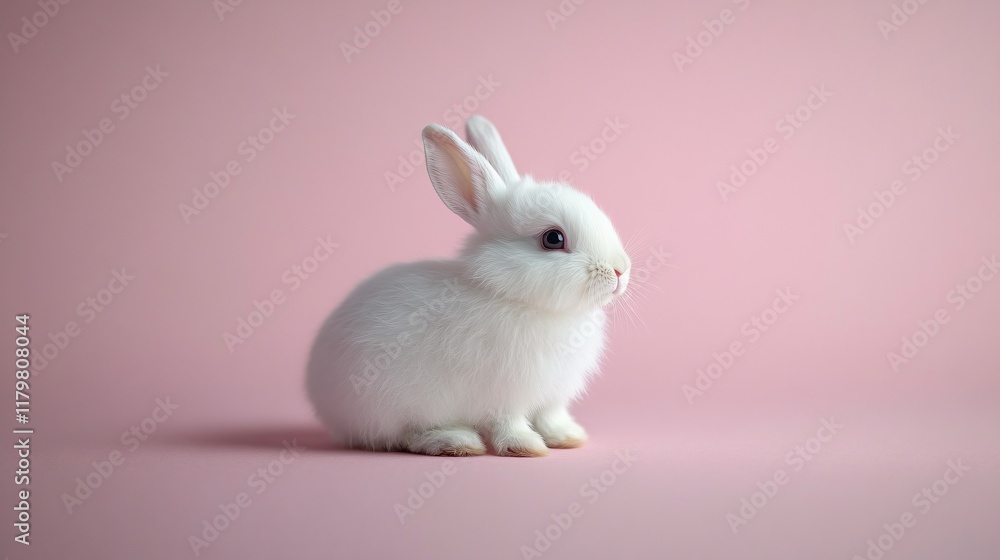 Obraz premium Small white rabbit sitting calmly against a soft pink background in bright light