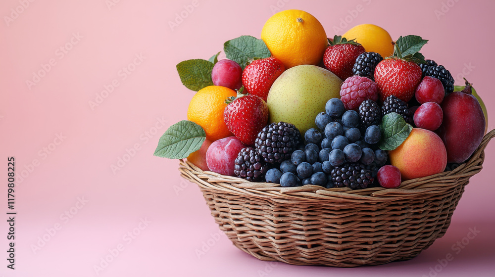 vibrant fruit basket overflowing with seasonal fruits like oranges, strawberries, and grapes, showcasing colorful array of nature bounty vibrant fruit basket overflowing with seasonal fruits like oranges, strawberries, and grapes, showcasing colorful array of nature bounty