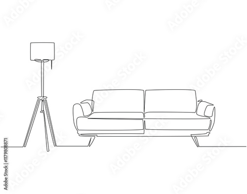 Continuous one line drawing of sofa with floor lamp. One line drawing illustration of sofa with lampshade. Interior room, decoration concept line art. Editable outline