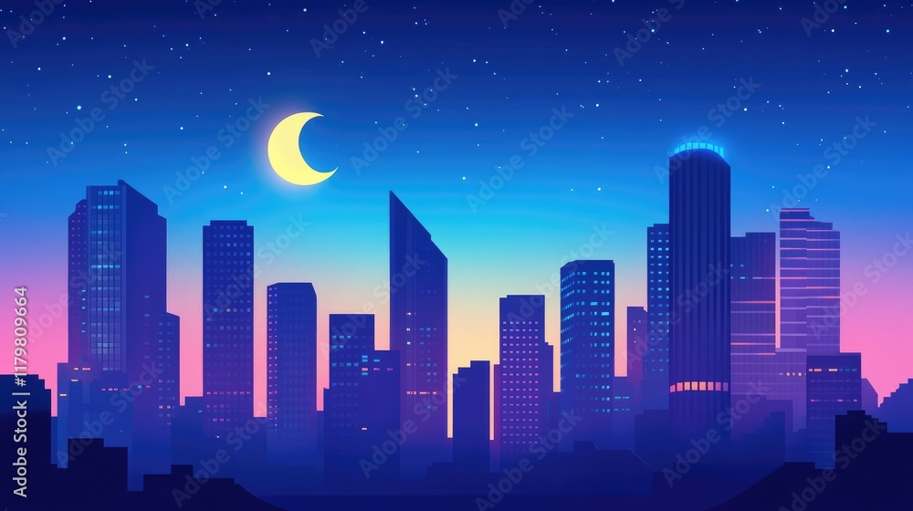Fototapeta premium Night cityscape skyline with crescent moon and starry sky.
