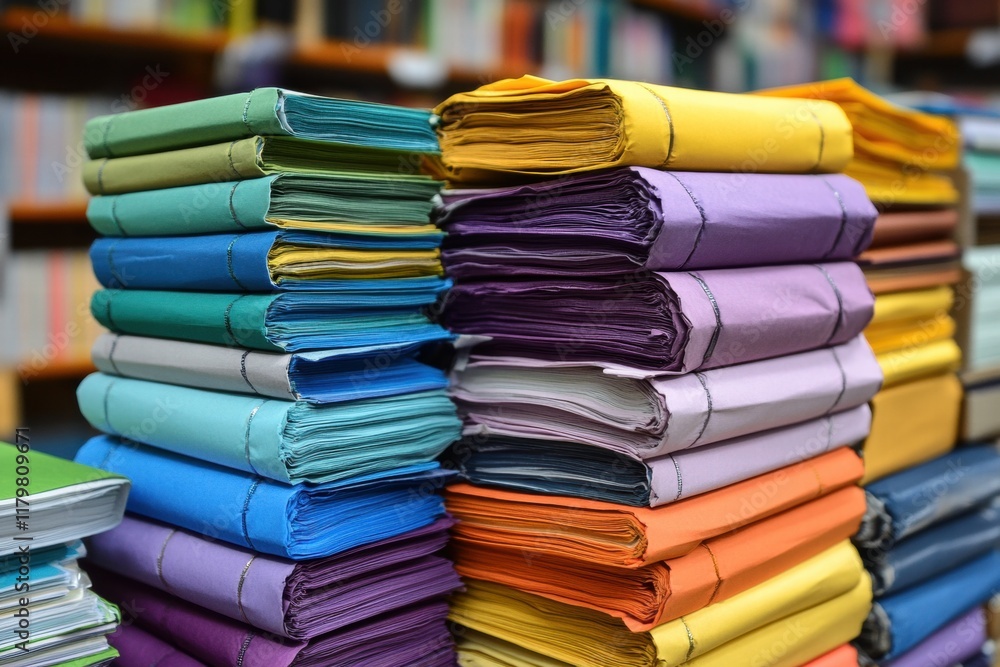 Obraz premium Colorful Stacked Paper Files in a Library Setting for Organization
