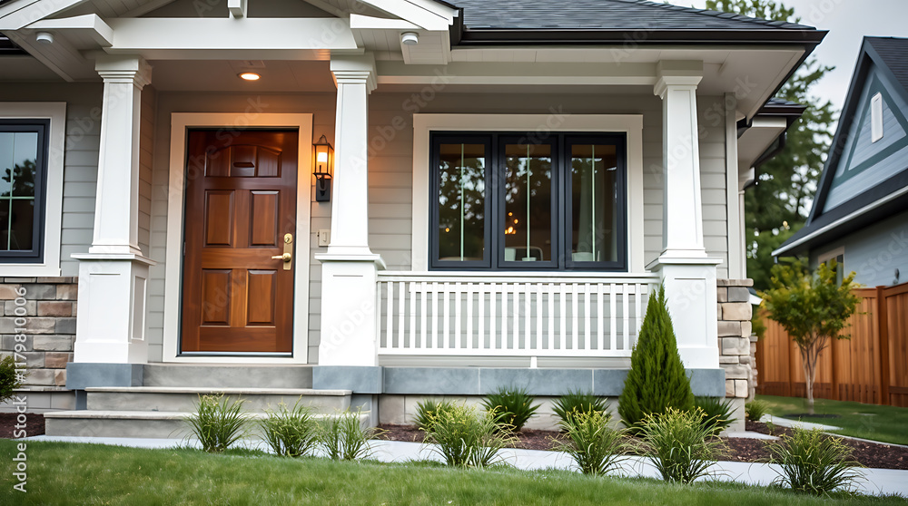 A suburban home's front exterior, showcasing a grey-toned facade, white columns, a dark brown wooden front door, dark framed windows, and neatly landscaped lawn. A suburban home's front exterior, showcasing a grey-toned facade, white columns, a dark brown wooden front door, dark framed windows, and neatly landscaped lawn.