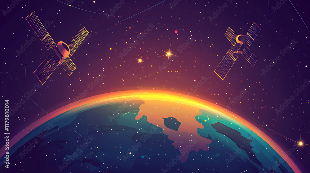 Naklejka premium A vibrant depiction of Earth with satellites orbiting in a starry space background.
