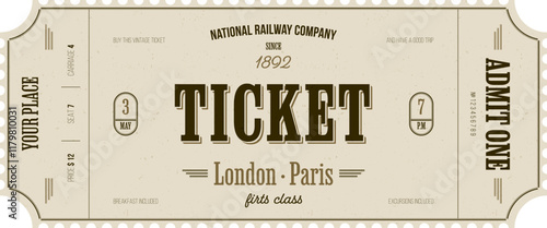 Vintage ticket template on light background with gold accents and grunge texture. For transportation, sightseeing routes, retro parties, clubs and other projects. Just add your text. Vector, printable