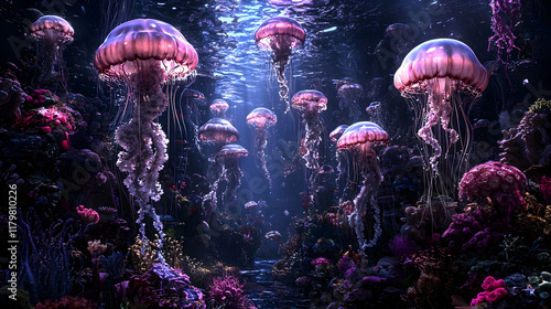 Pink jellyfish swim in ocean coral reef, sunlit underwater scene, background for marine life documentary. photo