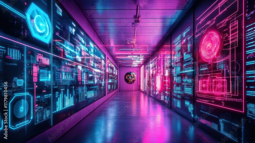 A neon-lit room with a large screen displaying a computer monitor A neon-lit room with a large screen displaying a computer monitor