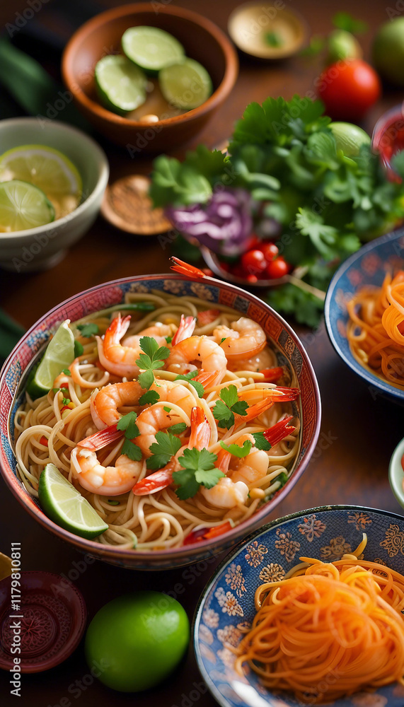 Colorful Asian-inspired noodle bowl featuring shrimp, fresh herbs, lime, and garnishes. Flavored with rich textures and vibrant ingredients, offering a visually appealing and delicious culinary presen Colorful Asian-inspired noodle bowl featuring shrimp, fresh herbs, lime, and garnishes. Flavored with rich textures and vibrant ingredients, offering a visually appealing and delicious culinary presen