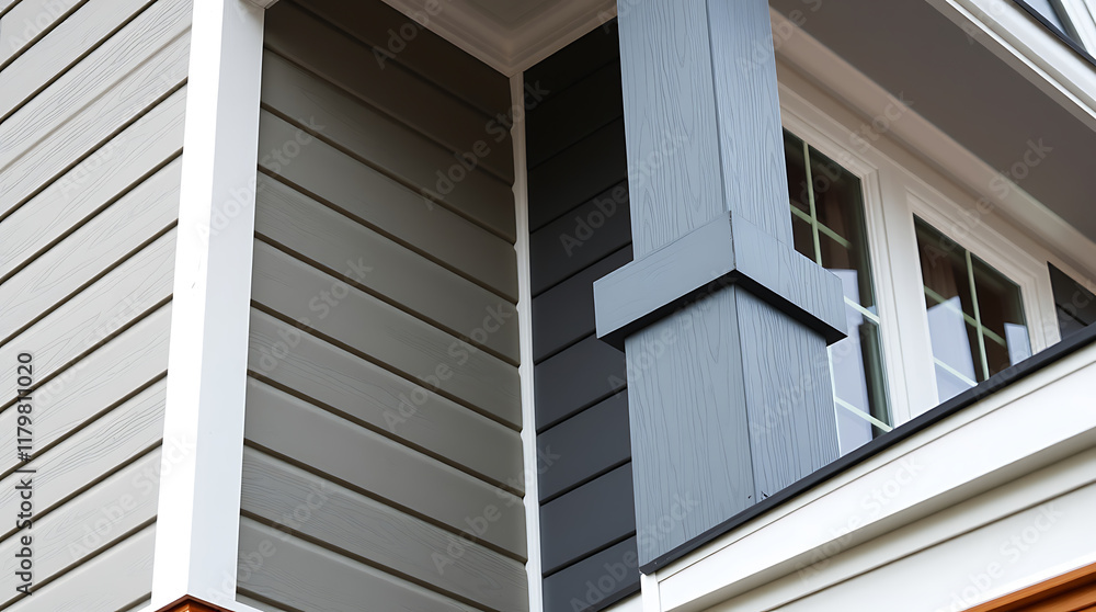 House Exterior Detail: Gray and Dark Gray Siding with White Trim and Support Post House Exterior Detail: Gray and Dark Gray Siding with White Trim and Support Post