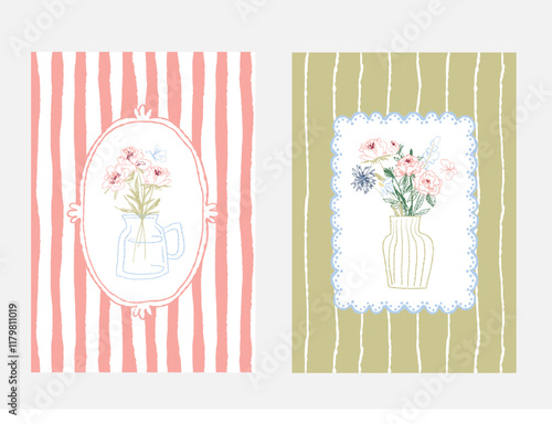 Set of vintage-style floral frames with striped backgrounds. Suitable for wedding invitations, stationery, and decorative prints