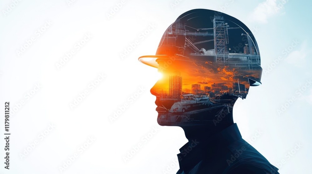 Silhouette of a person wearing a hard hat, superimposed with a cityscape at sunset, symbolizing construction and urban planning. Silhouette of a person wearing a hard hat, superimposed with a cityscape at sunset, symbolizing construction and urban planning.