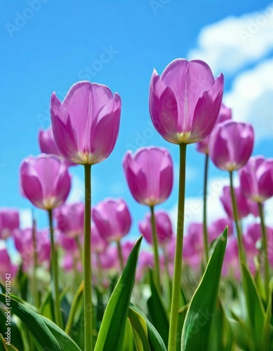 tulips with rich green leaves and a warm abstract blue background
