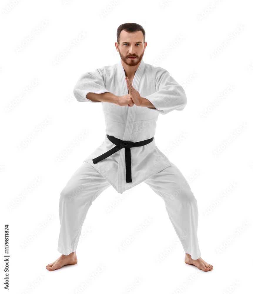 Man in uniform practicing karate on white background Man in uniform practicing karate on white background