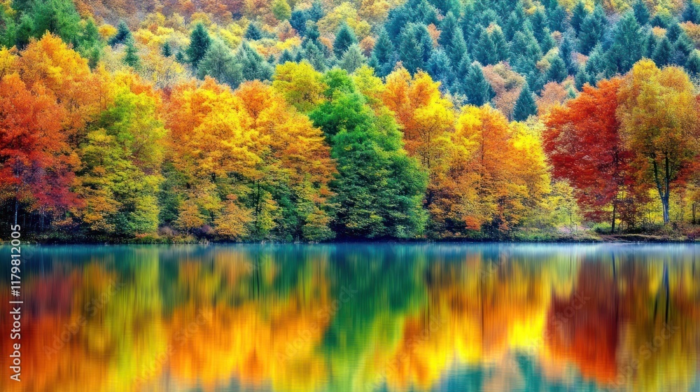 Autumn lake reflection, vibrant fall foliage, mountain backdrop, scenic nature wallpaper