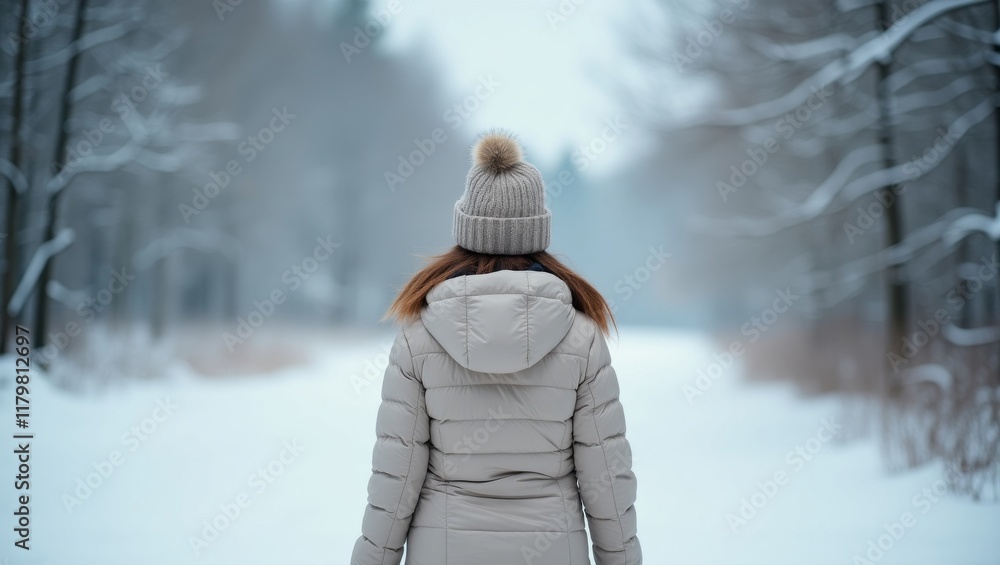 Woman in winter jacket and hat walking in snowy forest, perfect for peaceful winter scenes. Woman in winter jacket and hat walking in snowy forest, perfect for peaceful winter scenes.