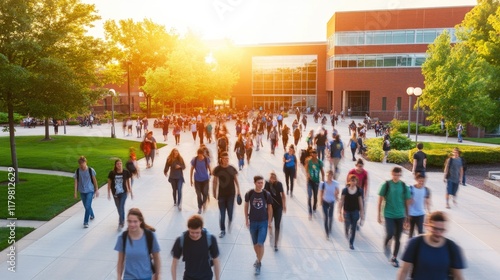 Students walking on a sunny college campus.