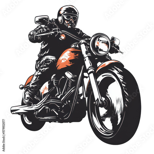Illustration of a biker on a motorcycle isolated on white, radiating speed and freedom. PNG transparent background.