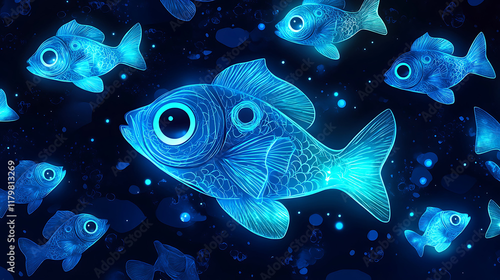 Fototapeta premium A vibrant illustration of glowing fish in a dark underwater scene.