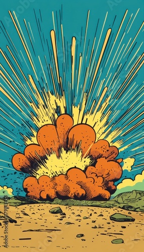 Dramatic comic book style illustration of a large explosion in a desert landscape