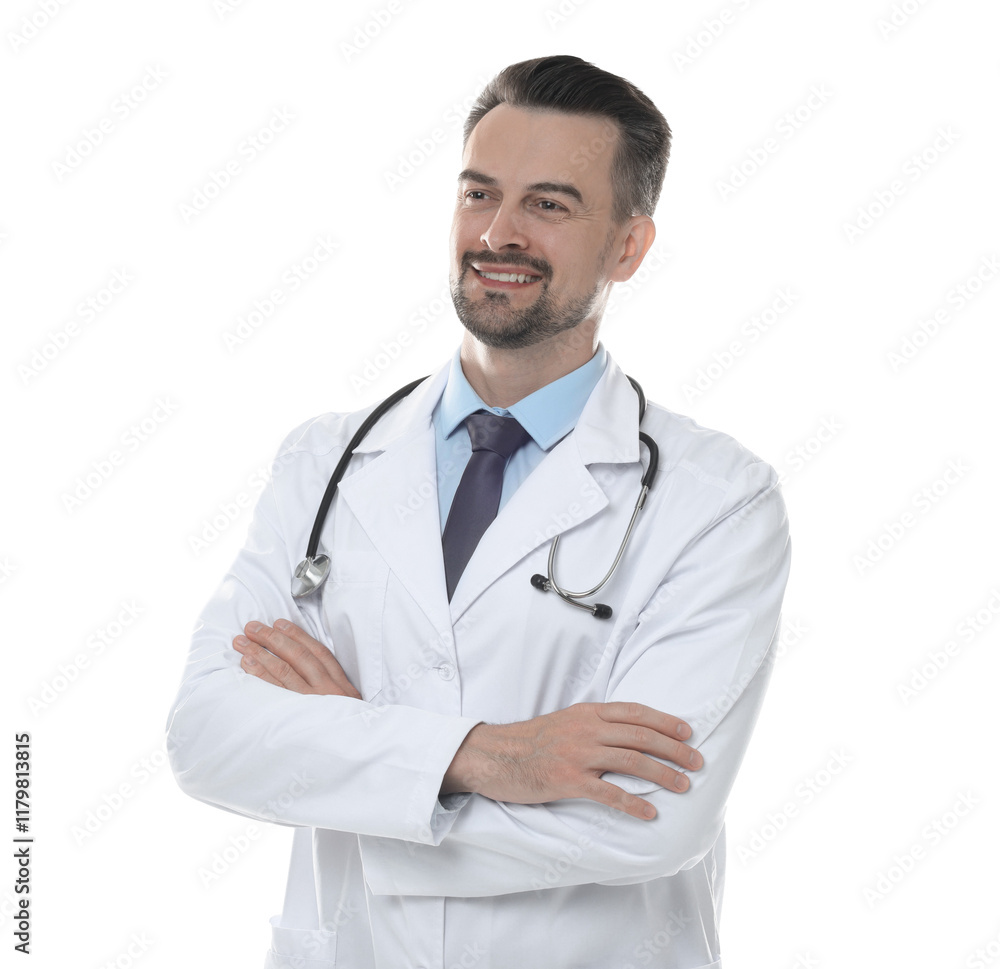 Smiling doctor with stethoscope isolated on white Smiling doctor with stethoscope isolated on white