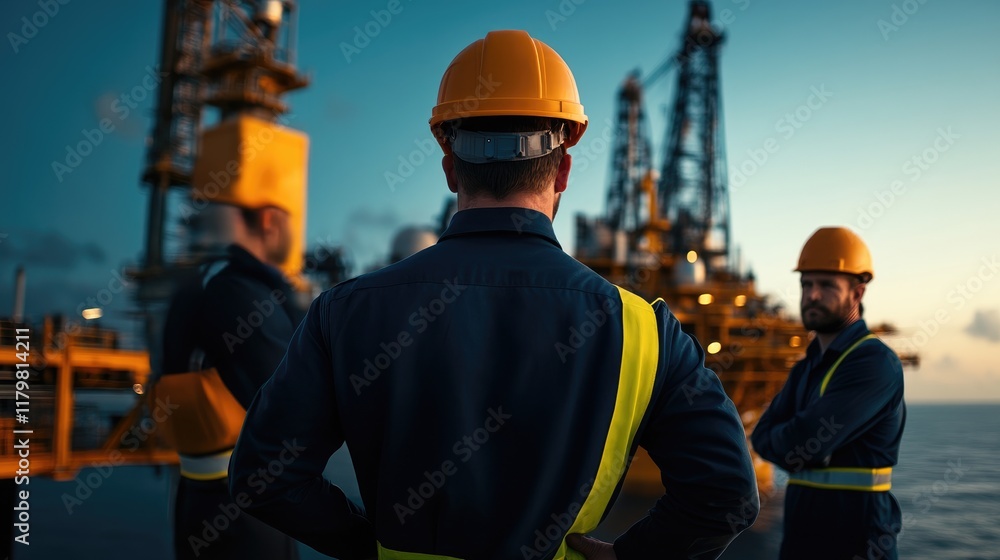 Fototapeta premium Three oil rig workers in hard hats and safety vests on an offshore platform at sunset.