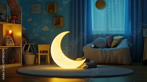 A minimalist crescent moon night lamp glowing softly in a childâ€™s playroom photo