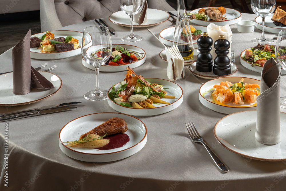 The holiday table is set for a big company dinner. Duck breast, shrimp and other luxury food The holiday table is set for a big company dinner. Duck breast, shrimp and other luxury food