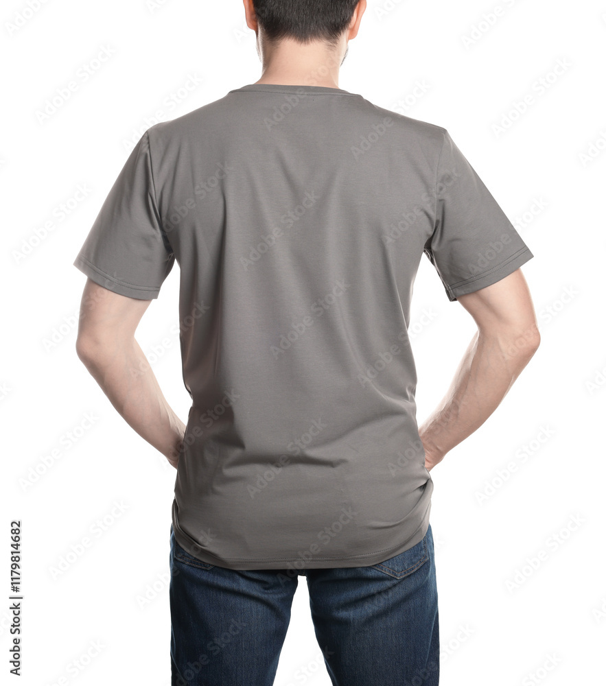 Obraz premium Man in blank grey t-shirt on white background, back view. Mockup for design
