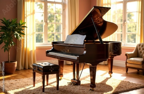 A beautiful steinway piano is elegantly sitting in a cozy living room photo