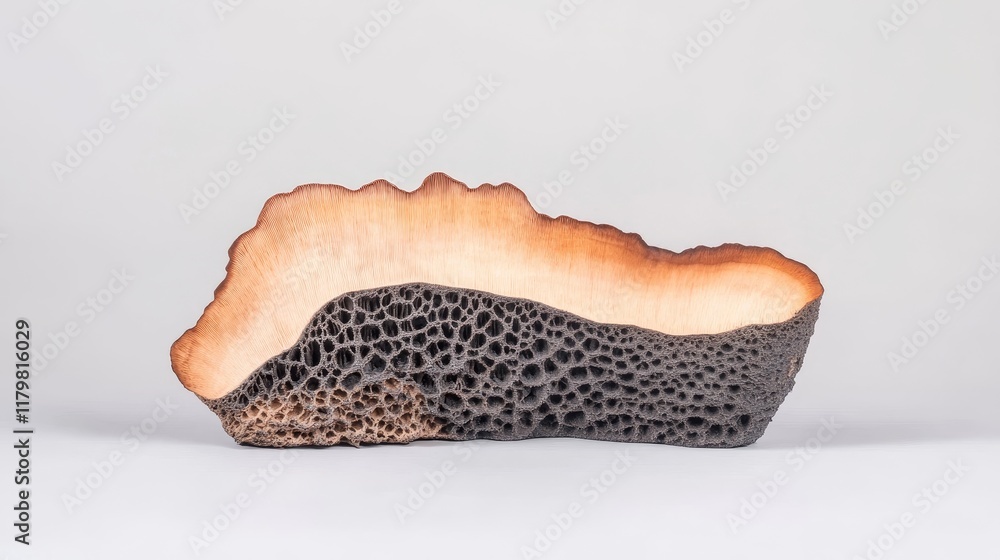 Fototapeta premium Textured Ceramic Vessel - Organic form, earthy tones, porous texture, handcrafted, modern design. Symbolize nature, artistry, texture, uniqueness, and elegance.