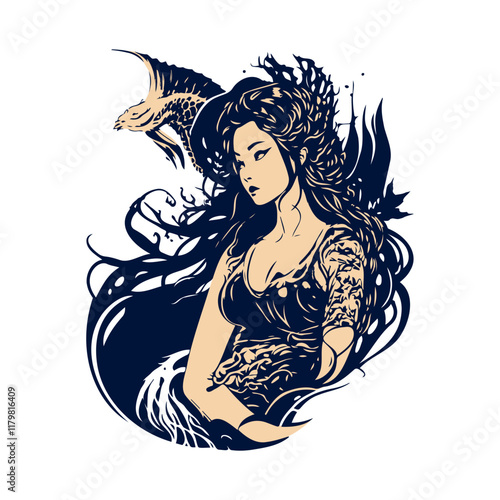 fantasy creatures girl silhouette, Mermaid silhouette isolated on white background. Girl with fishtail. Mythology fairy character. Ocean siren. Sea maid. Water nymph. Sea life creature.