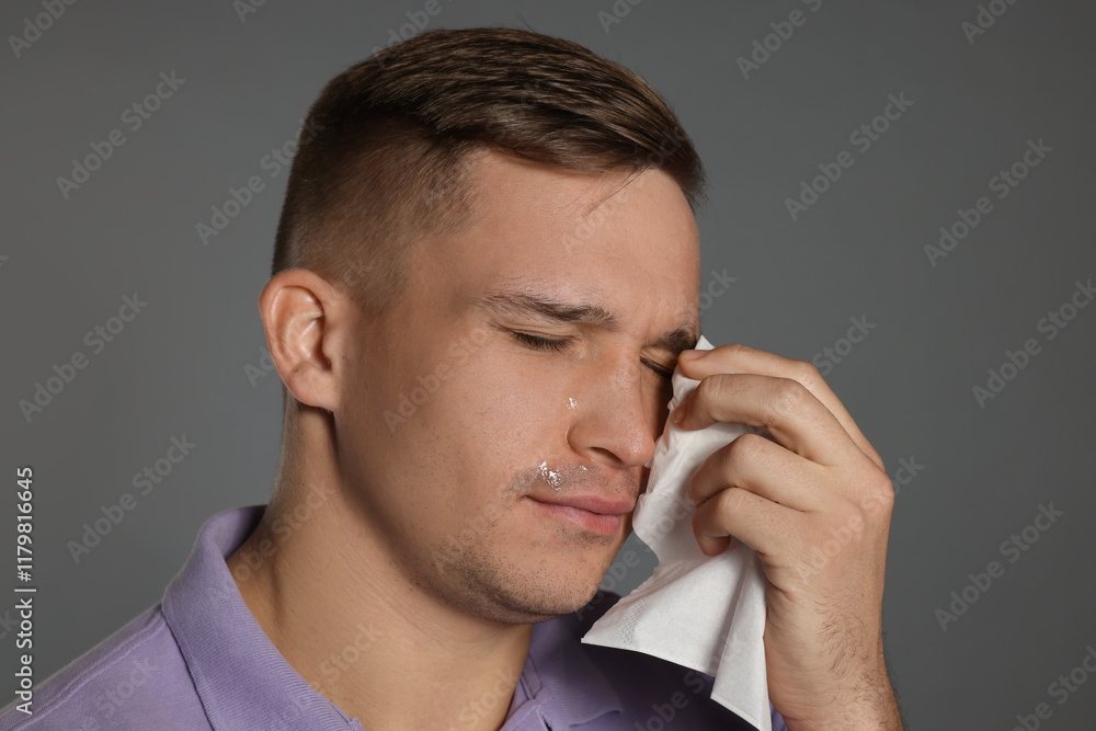Crying man wiping tears with tissue on grey background Crying man wiping tears with tissue on grey background