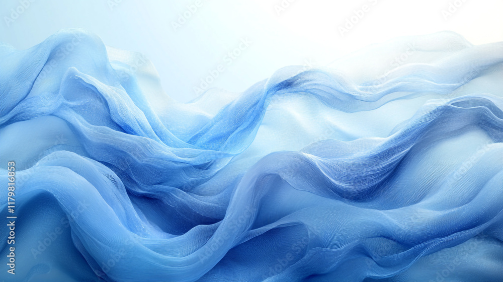 Fototapeta premium A lively wave-shaped illustration in blue gradient colors, with subtle transitions between light azure and navy blue tones.