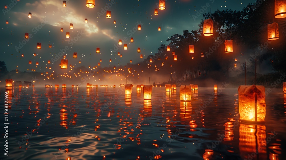 Obraz premium Glowing Sky Lanterns Floating On Calm Water At Night