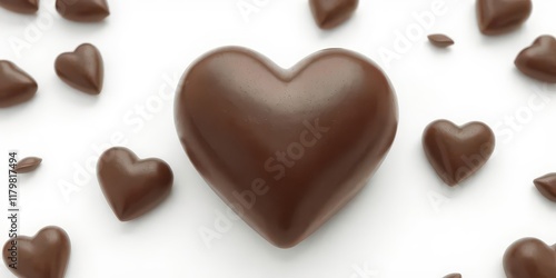 A rich, dark chocolate heart, glossy and smooth, isolated on a pure white background, artisan, studio shot, chocolate texture