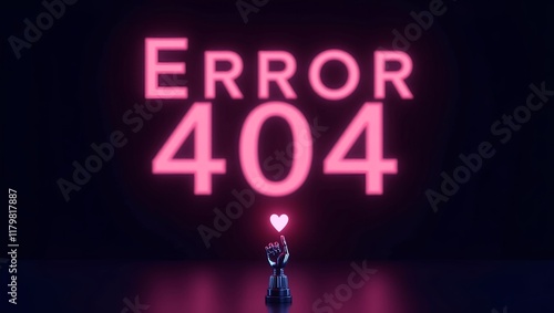 Error 404 futuristic neon-lit scene Below the text robotic hand with a raised pinky finger is holding up a glowing pink heart pink color text  photo