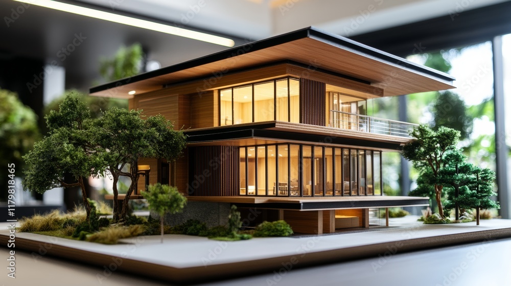 Fototapeta premium balancing the property sector The real estate agent is explaining the house style to see the house design and the purchase agreement.Wooden house at modern office