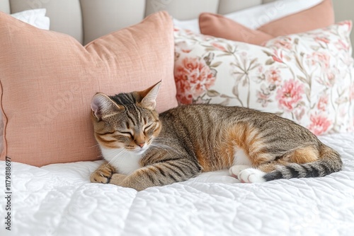 Wallpaper Mural Lazy Cat Relaxing on Cozy Bed with Floral Pillows and Comforter Torontodigital.ca