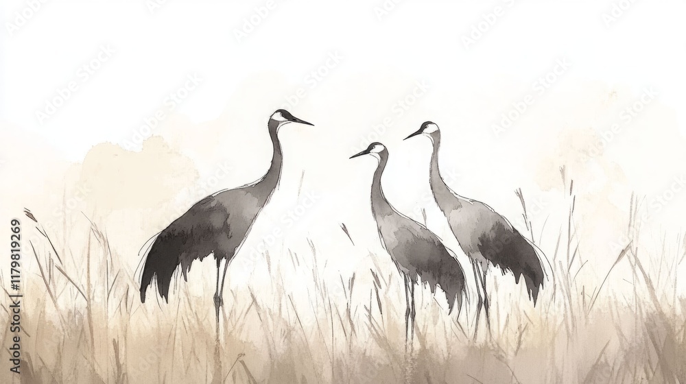 Obraz premium Three graceful cranes stand tall in a field of tall grass, a serene watercolor-style painting.