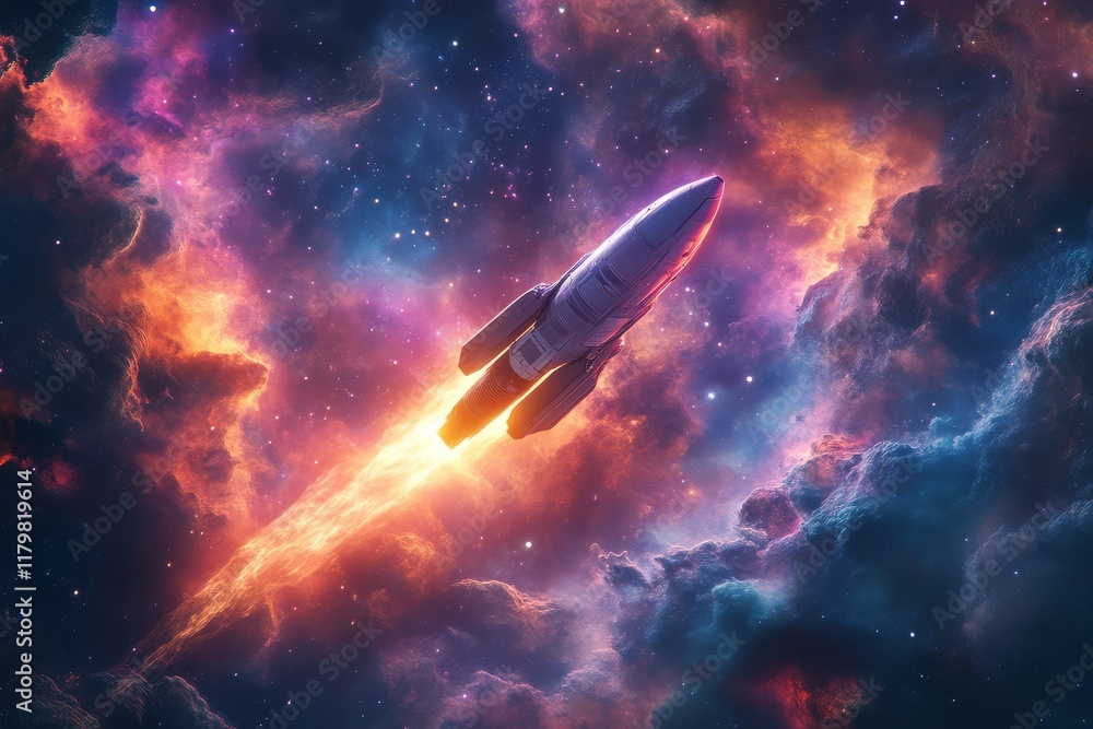 A rocket launches into a vibrant cosmic scene, surrounded by colorful nebulae and stars, symbolizing exploration and adventure in space. A rocket launches into a vibrant cosmic scene, surrounded by colorful nebulae and stars, symbolizing exploration and adventure in space.