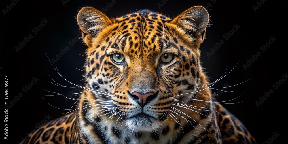 Fototapeta premium Majestic Amur Leopard Portrait - Drone Photography, Black Background