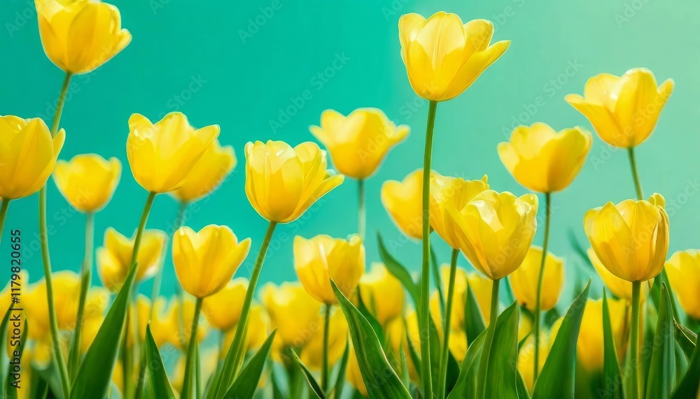 tulips with rich green leaves and a warm abstract blue background tulips with rich green leaves and a warm abstract blue background