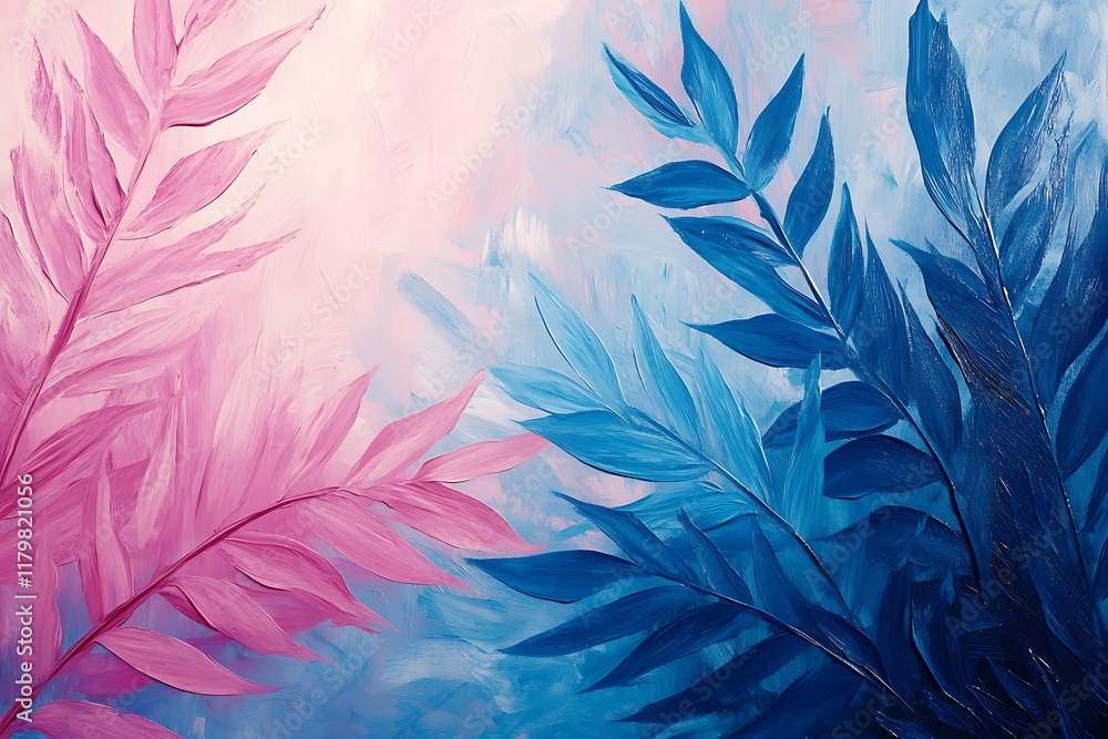 Obraz premium Tropical leaves in pink and blue neon, summer background