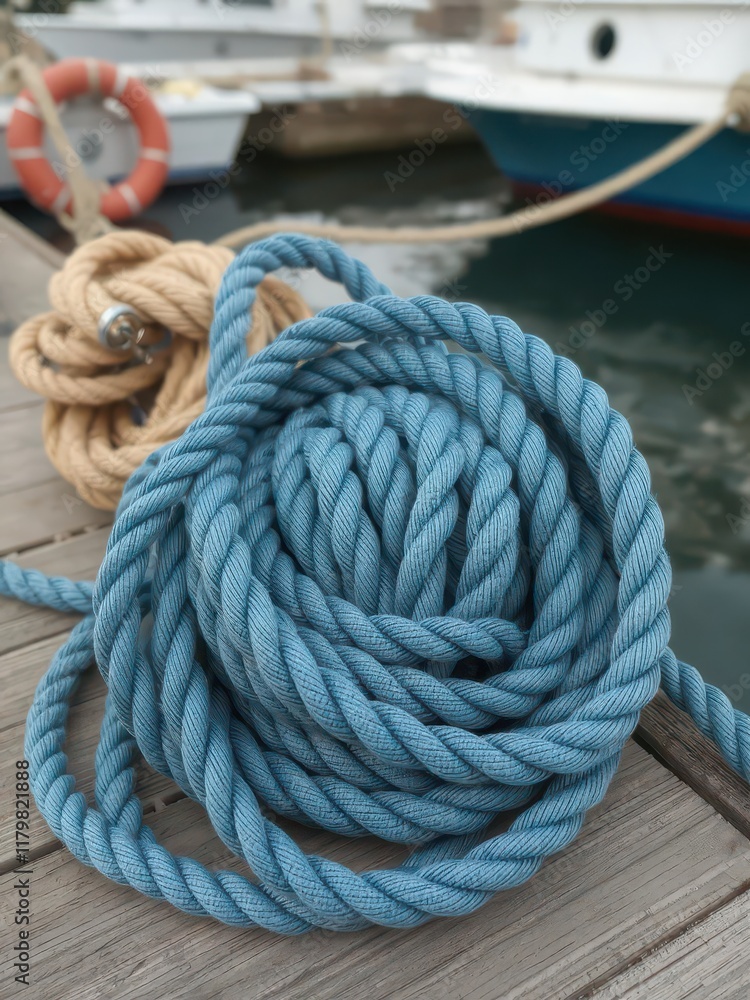 Fototapeta premium Thick braided nylon nautical mooring rope coiled on dock, texture, quay