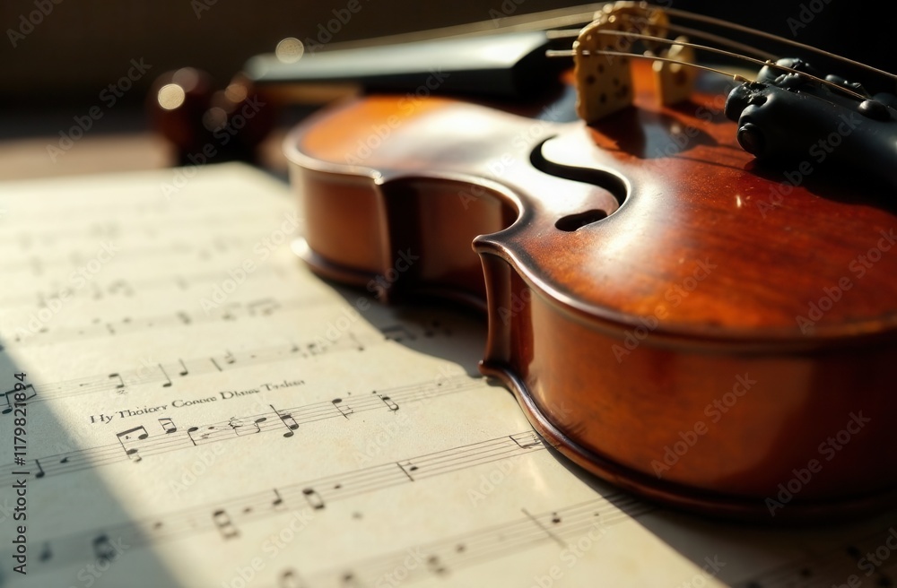 Fototapeta premium A beautiful violin rests gently on top of a carefully arranged sheet of music