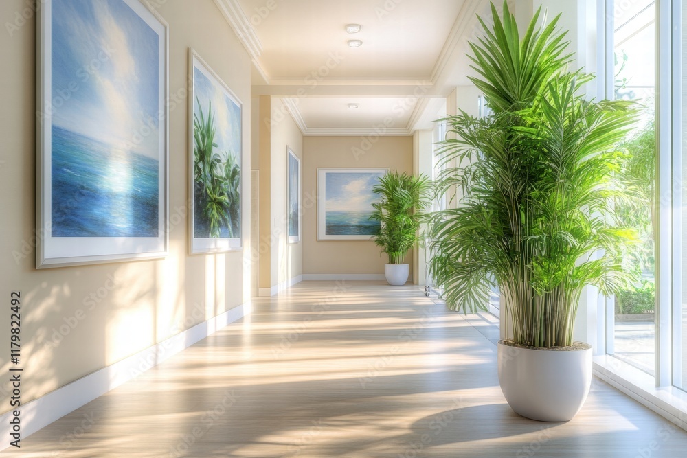 Serene Hallway with Art and Lush Greenery in Bright Environment Serene Hallway with Art and Lush Greenery in Bright Environment