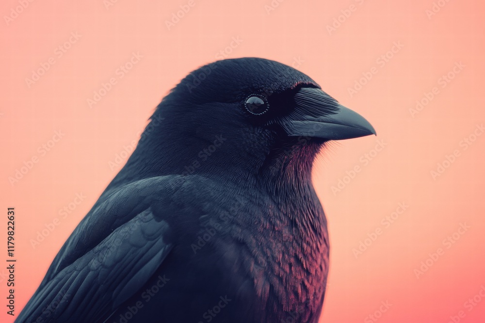 Profile of a Black Bird Against a Colorful Sunset Background Profile of a Black Bird Against a Colorful Sunset Background