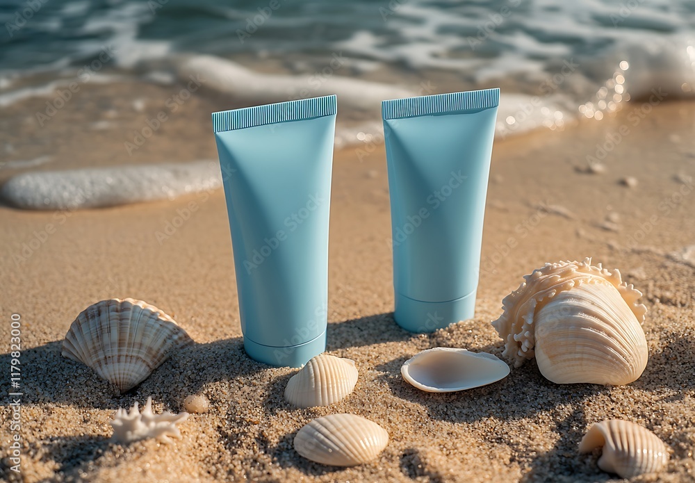 Two light blue tube sunscreen products, lying on the beach sand with shells and sea waves Two light blue tube sunscreen products, lying on the beach sand with shells and sea waves