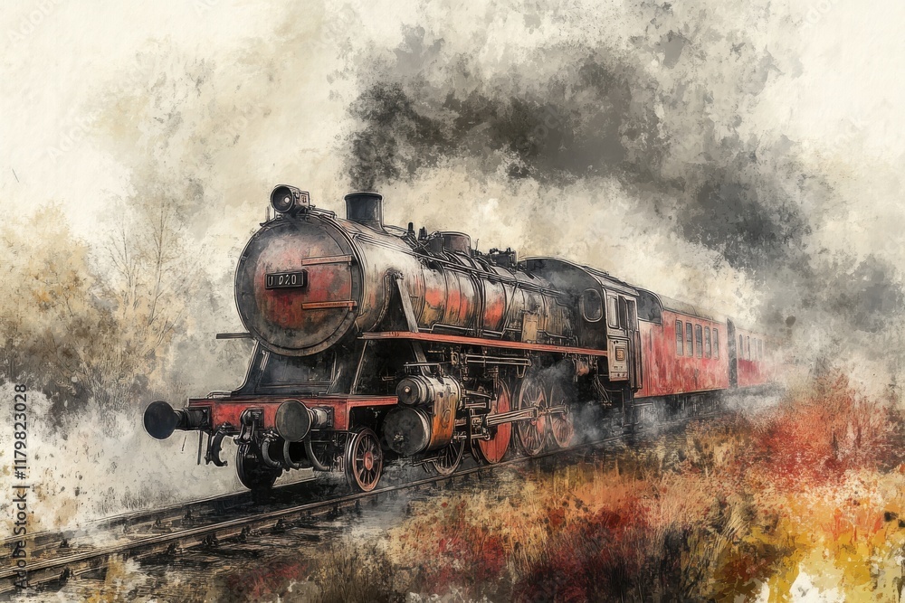 Naklejka premium Steam Locomotive Sketch Raster Illustration: A detailed sketch of a steam locomotive, presented in a raster illustration style.