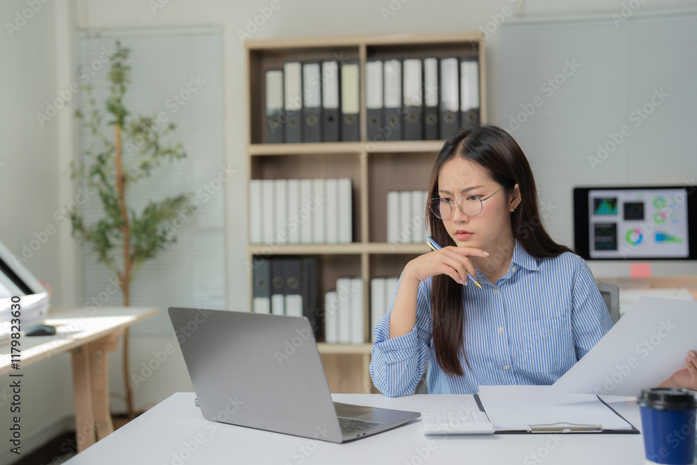 Young Asian businesswoman holding a pen and focused on her laptop, analyzing financial documents and strategizing for her project in a modern office environment Young Asian businesswoman holding a pen and focused on her laptop, analyzing financial documents and strategizing for her project in a modern office environment